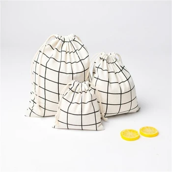 

Cotton Linen Drawstring Bag Black White Plaid Grid Festival Gift Packaging Bags Creative Women Phone Pouch Travel Storage Bag