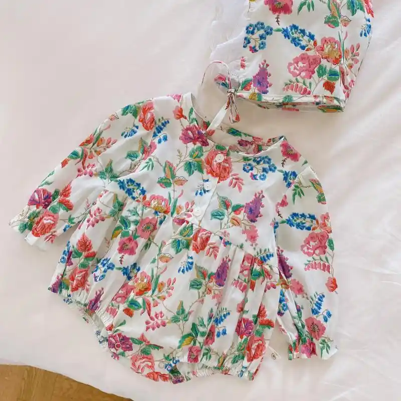 新生児花ロンパース女の子韓国ワンピース長袖rompres帽子秋幼児綿sleepsuit服 ロンパース Aliexpress