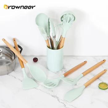 

9/11Pcs Silicone Kitchen Set Wooden Cooking Accessories Spatula Ladle Spoons Heat Resistant Green Multifunction Utensils Tools