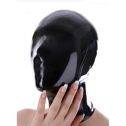 Handmade Latex Mask Fetish Rubber Hood Black Full Breath Hole Headgear Handmade with Back Zipper for Women Cosplay Costume