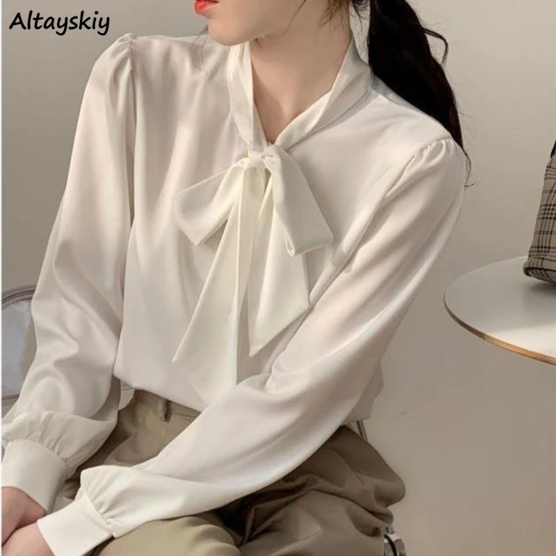 Camisas elegantes de manga para mujer, ropa blanca con lazo oficina, Tops sólidos que combinan con todo, ocio transpirable Ulzzang - AliExpress Ropa mujer