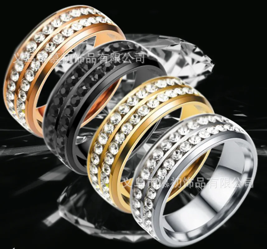 Simple Stainless Steel Couples Ring Titanium Steel 8mm Double Bevel Batch Flower Couples Ring Black And White with Pattern Stain
