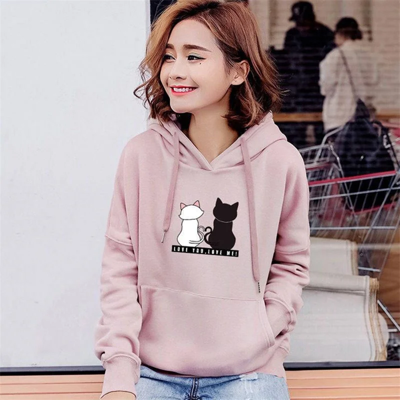 

2020 Autumn and Winter New Women's Hooded Sweatshirt Women Loose and Thin Cute Cat Bottoming Shirt Long Sleeve Thickened