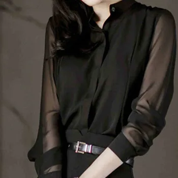 

Blouse Women Summer Black Perspective Chiffon Shirt Office Lady Sexy Stand Collar Long Sleeve Ladies Blouses