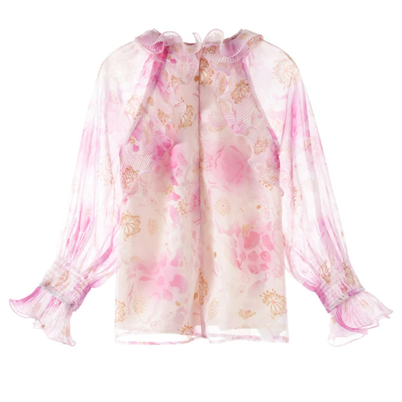 Zim Designer Elegant Ruffles Pink Floral Printed Chiffon Blouses Womens Autumn Casual Long Sleeve Tops Female