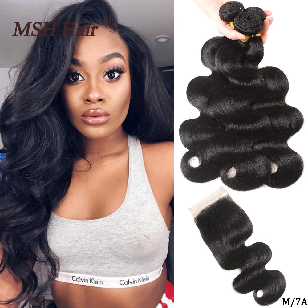Comprar Mechones de cabello humano postizo onda cuerpo brasileño cabello MSH con 4*4 Cierre de encaje densidad 130% no Remy medio Ratio