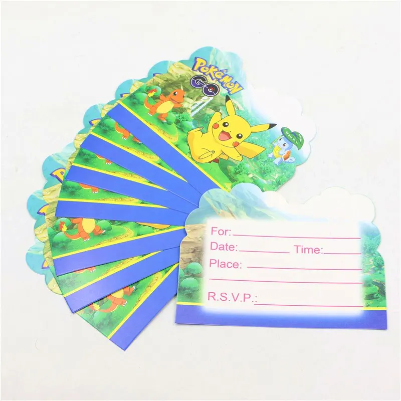 Invitate-card-10pcs Pokemon Birthday Party Supplies Tableware Set Party Paper Plates Cup Napkins Pokemon Party Balloon Decorations Hats Flags Candle - Color: Invitate-card-10pcs