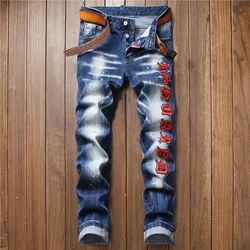 Pantalones vaqueros ajustados para hombre, Jeans desgastados, rasgados, con puntos de pintura, marca italiana de moda, #1209