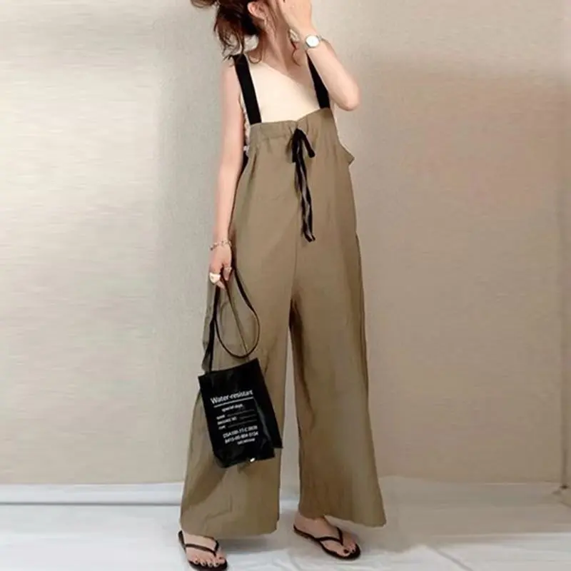 

Autumn 2019 Korean Style Women's Leisure Jumpsuit Wide Legs Plain High Waist Pants