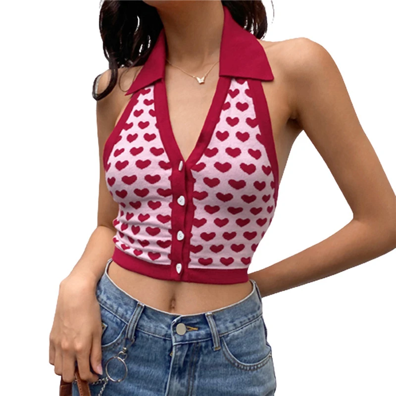 Xingqing mujeres de punto Halter corazón botón sin mangas con cuello en V profundo Cami Top Turn Down Collar Tank parte de arriba ropa informal|Camisetas sin mangas| - AliExpress