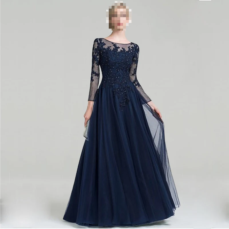 Горячая Распродажа, платье трапециевидной формы из тюля с глубоким вырезом, длина до пола, платье для матери невесты, для свадебной вечеринки - Цвет: Navy Blue