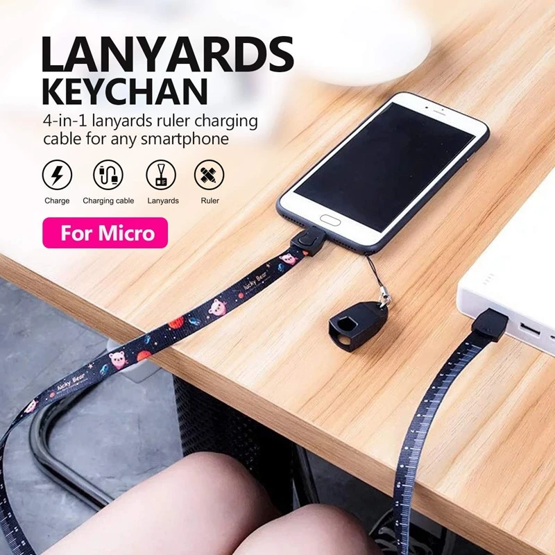 Cell Phone Lanyard Strap Micro-USB Charging Cable, 33.5 inch Ruler Lanyards Neck Charger Cord for Phone / Keys / Keychain / Work
