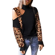 

Women Leopard Half High Collar Tops Casual Long Sleeve Cold Shoulder T Shirt O-Neck Knit Patchwork Asymmetrical Ladies Pullover