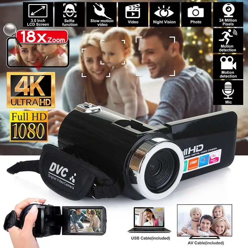 

4K HD Camcorder Video Camera Night Vision 3.0 Inch LCD Touch Screen 18X Digital Zoom Time-lapse Photography Camera Fotografica