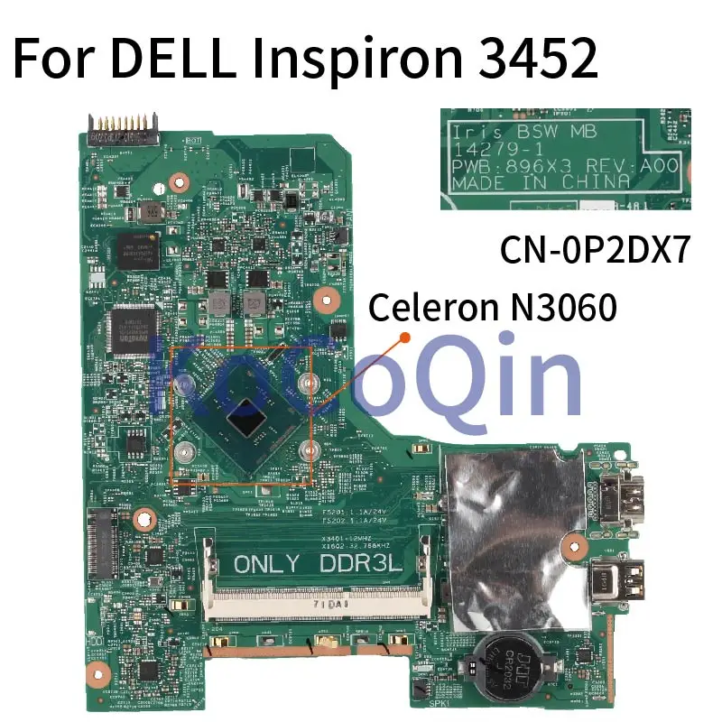 Laptop Motherboard para Dell Inspiron Mainboard N3060 14 3452 3552 Celeron 142791 Sr2kn Ddr3