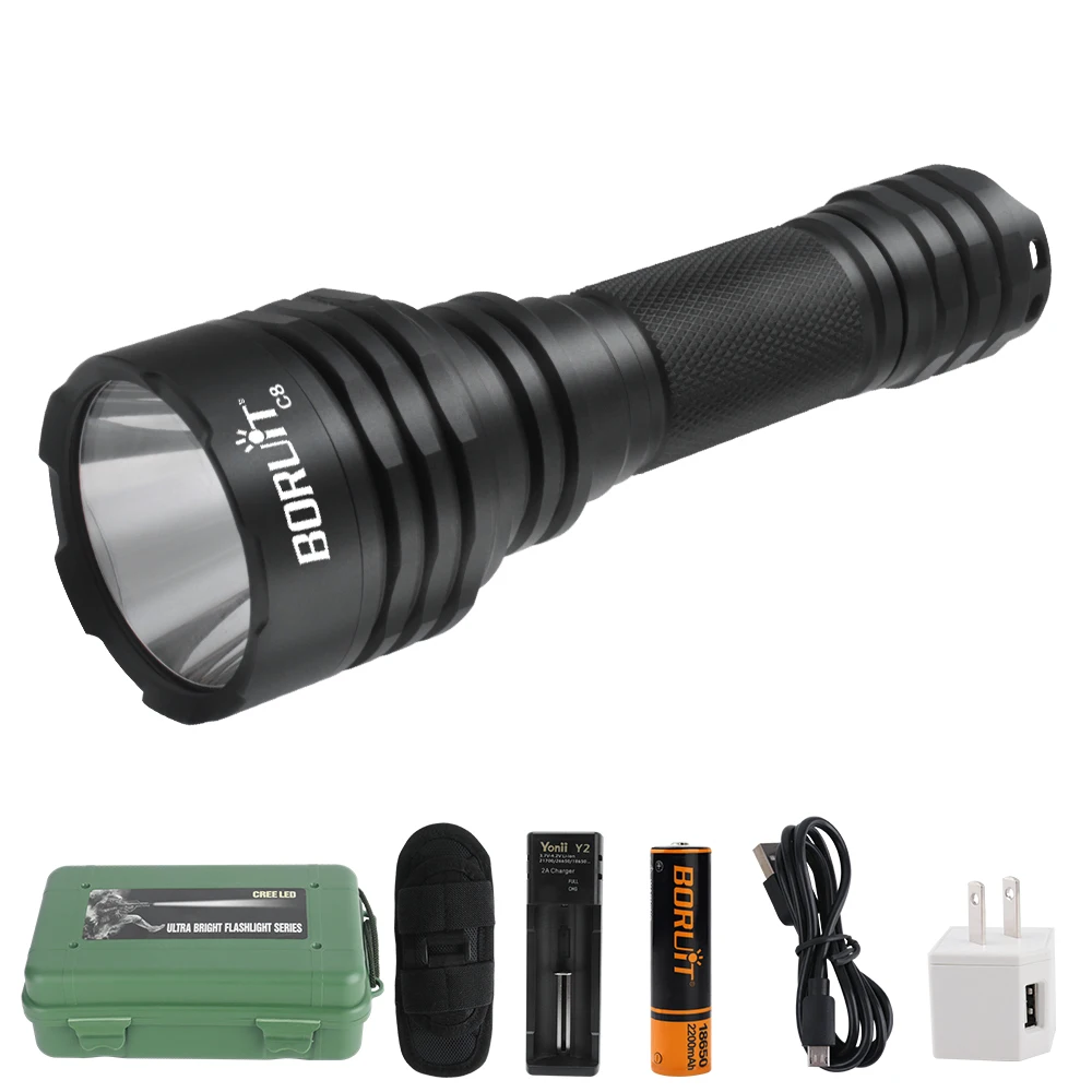 BORUiT New C8 1050LM Brightness Light Long-Range Flashlight Set,Powerful 5 Light Modes  Rechargeable LED Flashlight 18650 Torch best flashlights for police Flashlights