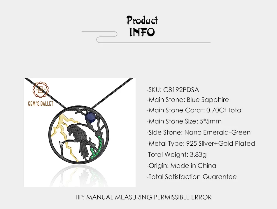 GEM'S BALLET Natural Blue Sapphire Handmade Halloween Jewelry 925 Sterling Silver Bird on the Tree Pendant Necklace For Women