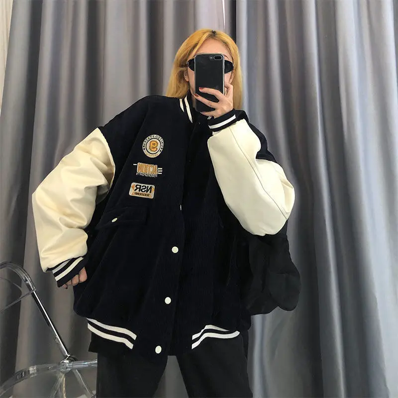 Contrasting Color Stitching Baseball Uniform Women Couple Students 2021 Spring Autumn New Retro Jacket Corduroy Coat Tide 31