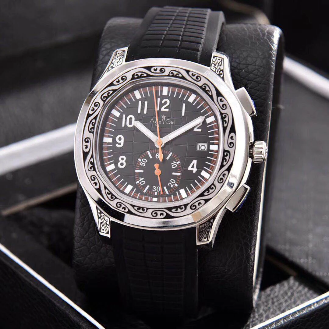 

Luxury Brand New Men Automatic Mechanical Silver Carved Ancient TRAVEL TIME Black Blue Rubber Sapphire Limited Sport Watch AAA+