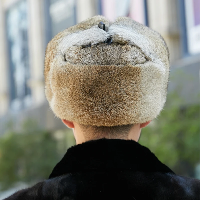 100% Fur Rabbit Fur Cap Man Winter Genuine Bomber Hat Windproof Warm Earmuffs Male Flat Grey/Black Russian Hat Fitted Casquette mens fur bomber hat Bomber Hats