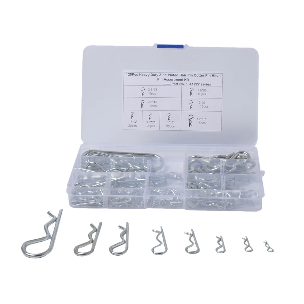 R Cotter Pin Tractor Pin Clip Assortment Fastener Set 8 Different Sizes with Plastic Box Set of 125pcs