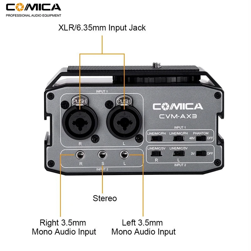Comica CVM-AX3 XLR аудио адаптер смесителя предусилитель двойной XLR/3,5 мм/6,35 мм порт микшер для Canon Nikon DSLR камеры S& видеокамеры