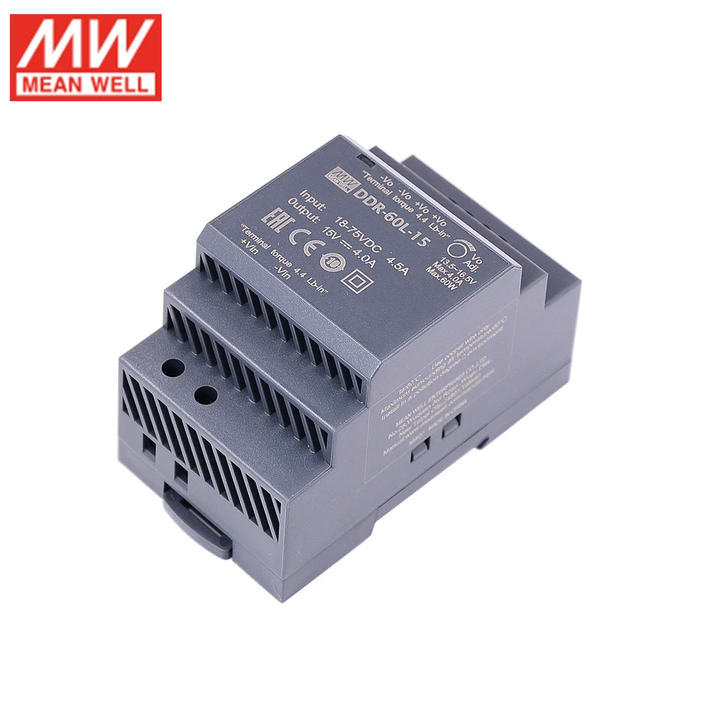 MEAN WELL DDR-60L-15 60 Вт DIN Rail input вход преобразователя 18-75 В постоянного тока до 15 В постоянного тока 4A 60 Вт Средняя мощность питания(24 В/48В постоянного тока до 15В постоянного тока