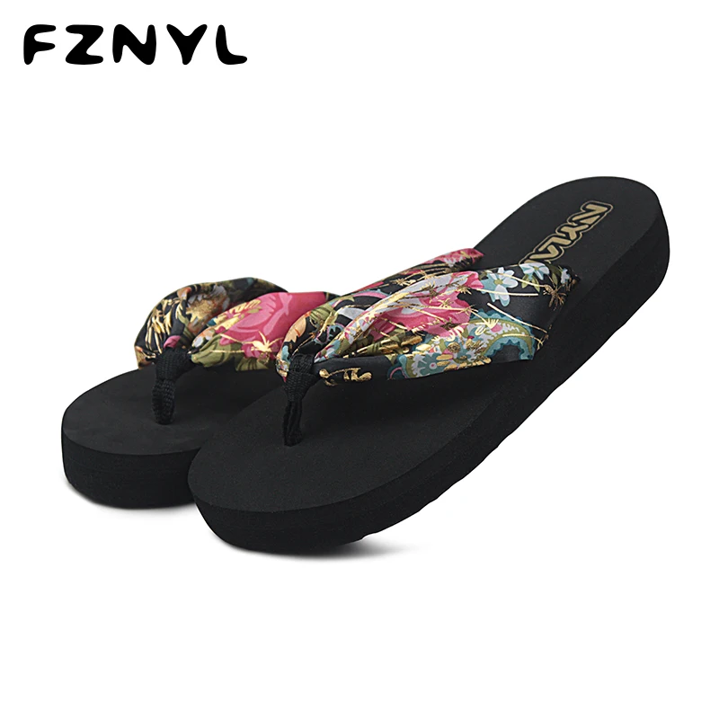 

FZNYL Summer Shoes Woman Bohemia Silk Casual Flip Flops Ladies Indoor Home Slippers Beach Platform Wedge Sandal Zapatos de mujer