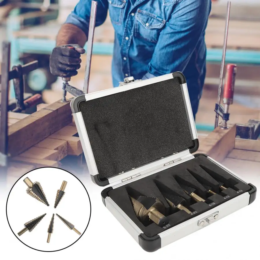 

5PCS HSS4241 Step Cone Drill Bit Metric Hole Cutter Bit 4-12(5J) / 4-12(9) / 6-18 / 4-22 / 6-35 Hole Drill Bit