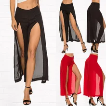 feecolor sexy thin Front Split Chiffon Wide Leg Pants