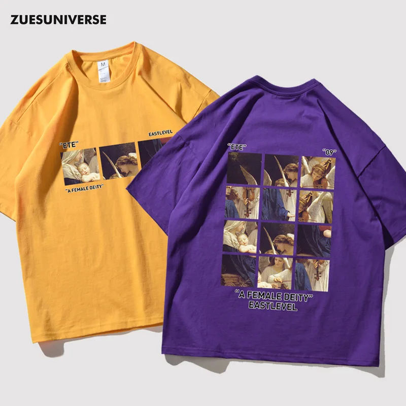 

Zues Men'S Wear National Trends off-Shoulder Short Sleeve Men's INS Fashion Pure Cotton Large Size Loose-Fit Blessed Virgin Mary