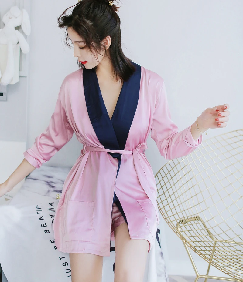 Розовая Женская однотонная Пижама комплекты ночных рубашек 3 шт ремень топ брюки костюм пижамы сексуальная женская домашняя одежда кимоно халат ночная рубашка