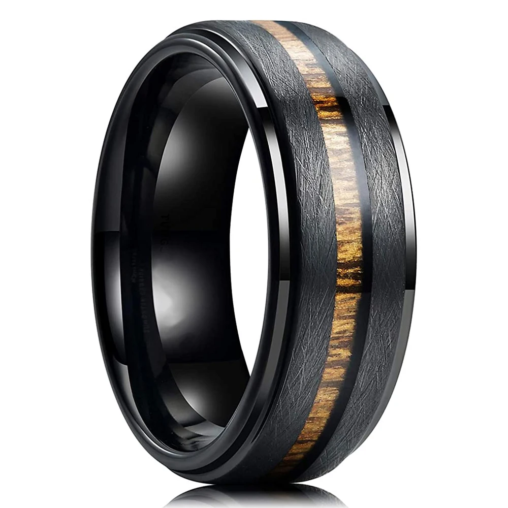 Wedding Rings 8mm Men Tungsten Inlay Hawaiian Koa Wood And Meteorites Matte Brushed Finish
