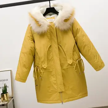 

Winter Warm Cotton Padded Long Parka Woman Hooded Jacket Big Faux Fur Coat Thick Collar Loose Wool Lining Snow Garments