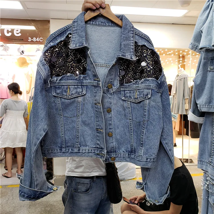 

2019 autumn new style wild heavy work sequins denim jacket female short section long sleeve