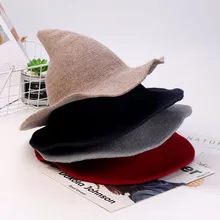 Women Modern Witch Hat Foldable Costume Sharp Pointed Wool Felt Halloween Warm Autumn Winter Cap