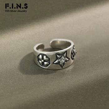 

F.I.N.S Korean S925 Sterling Silver Ring INS Retro Pentagram Star Flower Cubic Zirconia Opening Female Silver Ring Jewelry