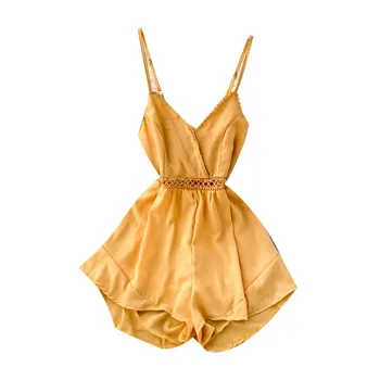 

Boho Sexy v neck slim 2020 hollow out Jumpsuit Casual Women backless Short Summer spaghetti strap Playsuit Beach Holiday Romper