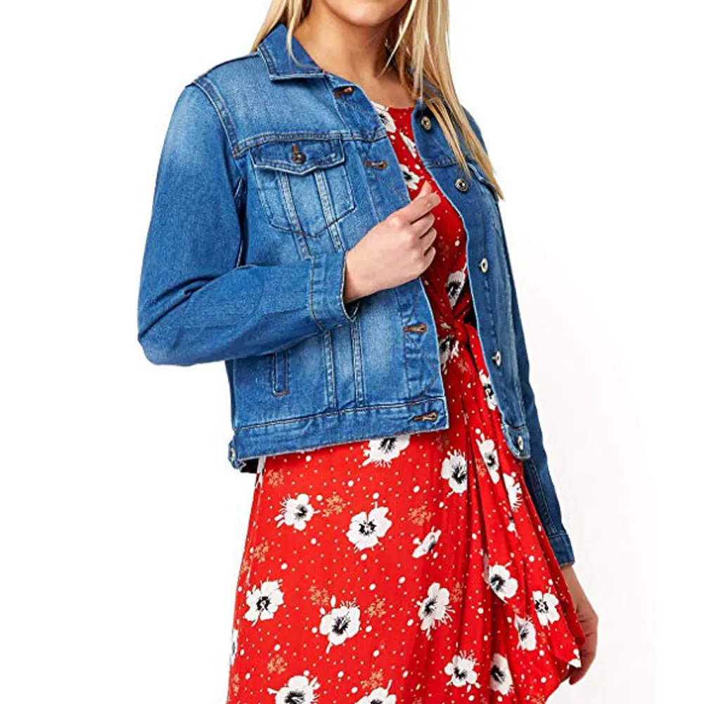 Купить Turndown Collar Long Sleeve Going Out Holiday Casual Cropped Fitted Ladies Women Jacket Travelling Denim Stylish Cover Up Summer  Женская | Женские куртки (4000232014652)