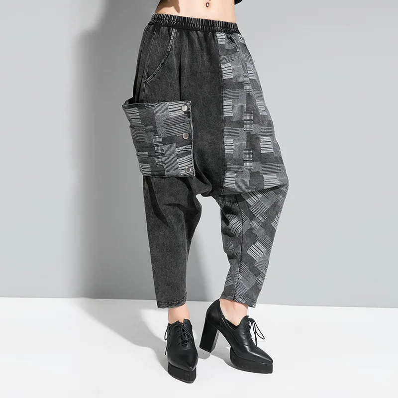 

Casual Fashion Ankle-length Trousers Women Female Patchwork Female Highstreet Elastic Waist Loose Harem Pants
