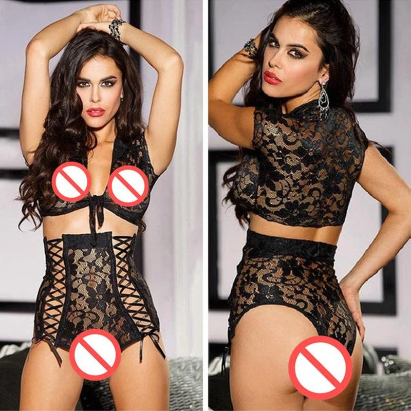 

2019 Women Sexy Two Pieces Lace Crop Top Bralette Lingerie Set Crop Top and High Waisted Panty Set