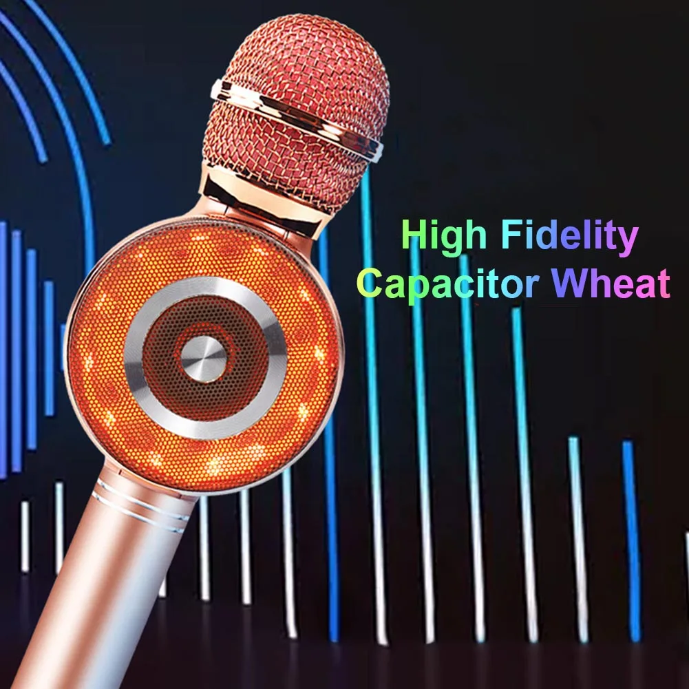 Rose Gold Usb подарок со светом ручной стерео беспроводной Bluetooth перезаряжаемые колонки караоке микрофон для дома ребенок взрослый пение портативный - Цвет: Rose Gold