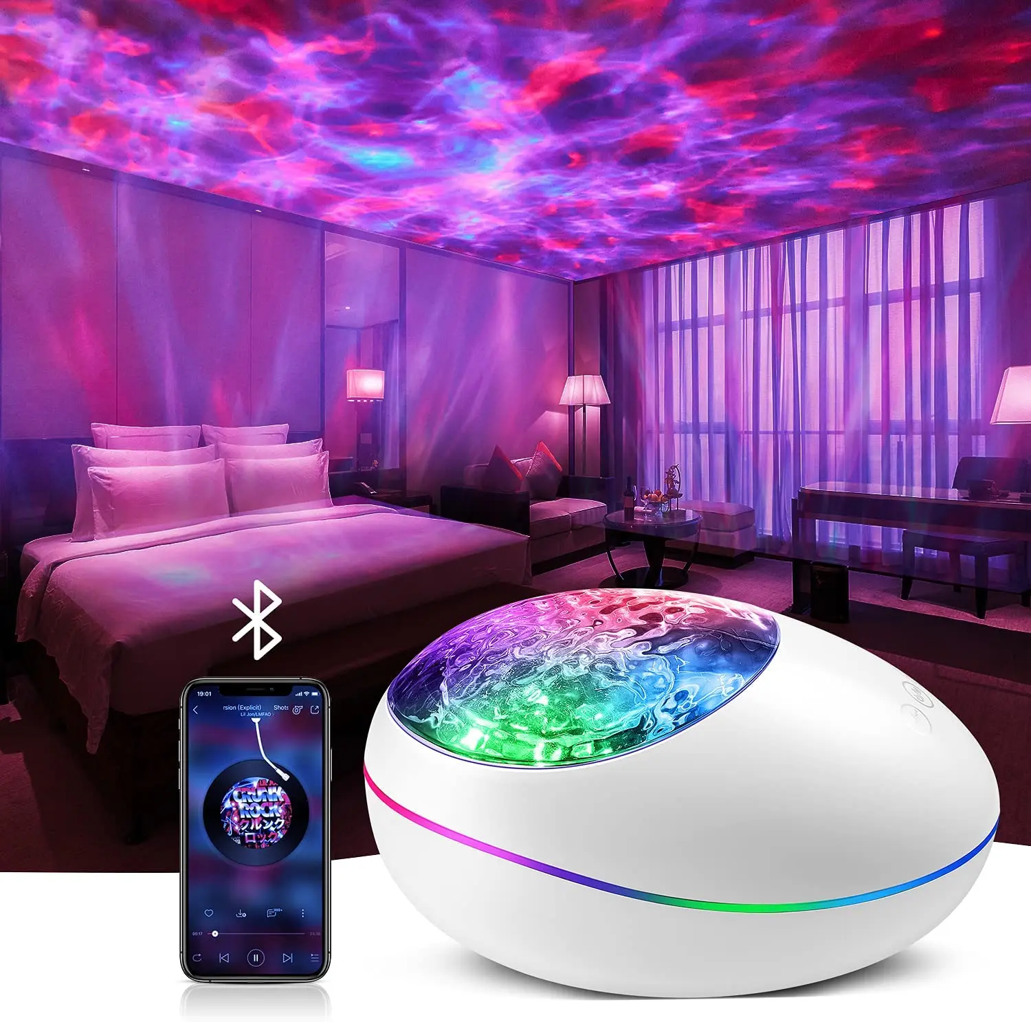 

Lucky Stone Ocean Wave Projector Night Light Lamp Bluetooth Music Player Remote Control Colorful Led Projection Nightlight