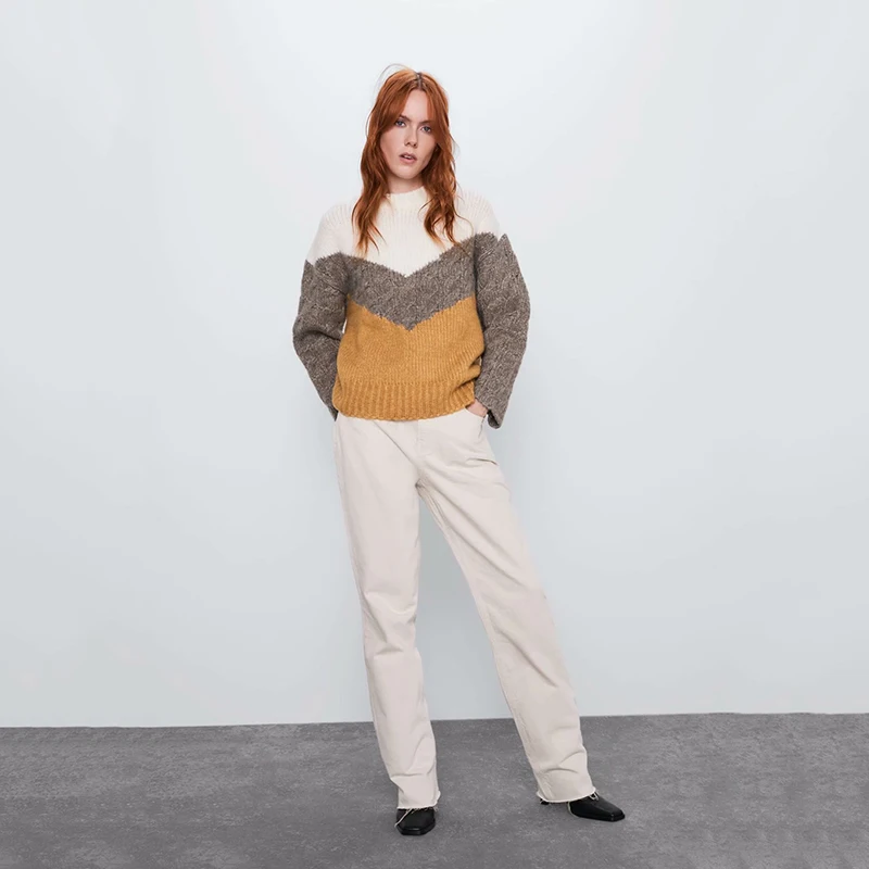 2022 ZA New Imitation Cashmere Sweater for Women Round Neck Long Sleeve Geometric Pattern Color Matching Fashion Warm Sweater