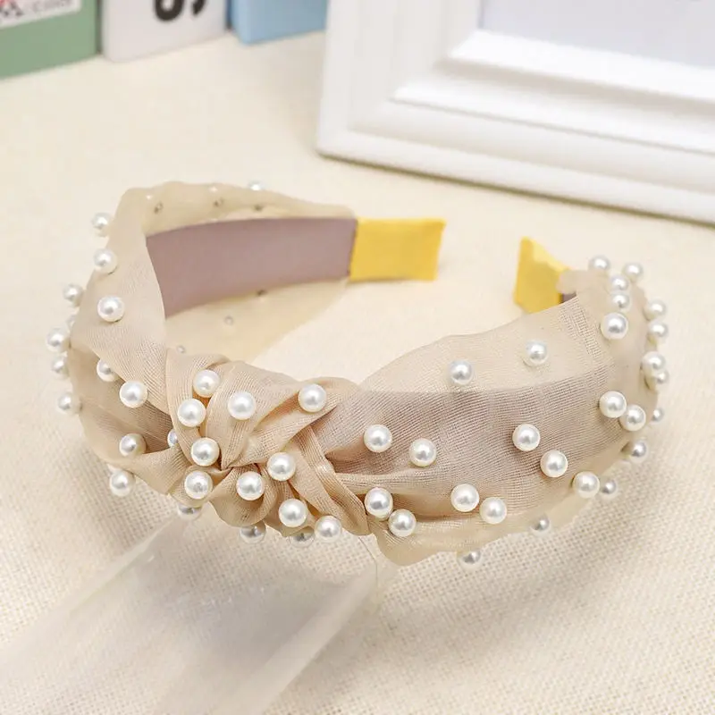 coffee headband Новые милые женские жемчужные повязки на голову с бантом, одноцветные кружевные обруч жемчужный головной убор, винтажные Богемные аксессуары для волос - Цвет: coffee headband