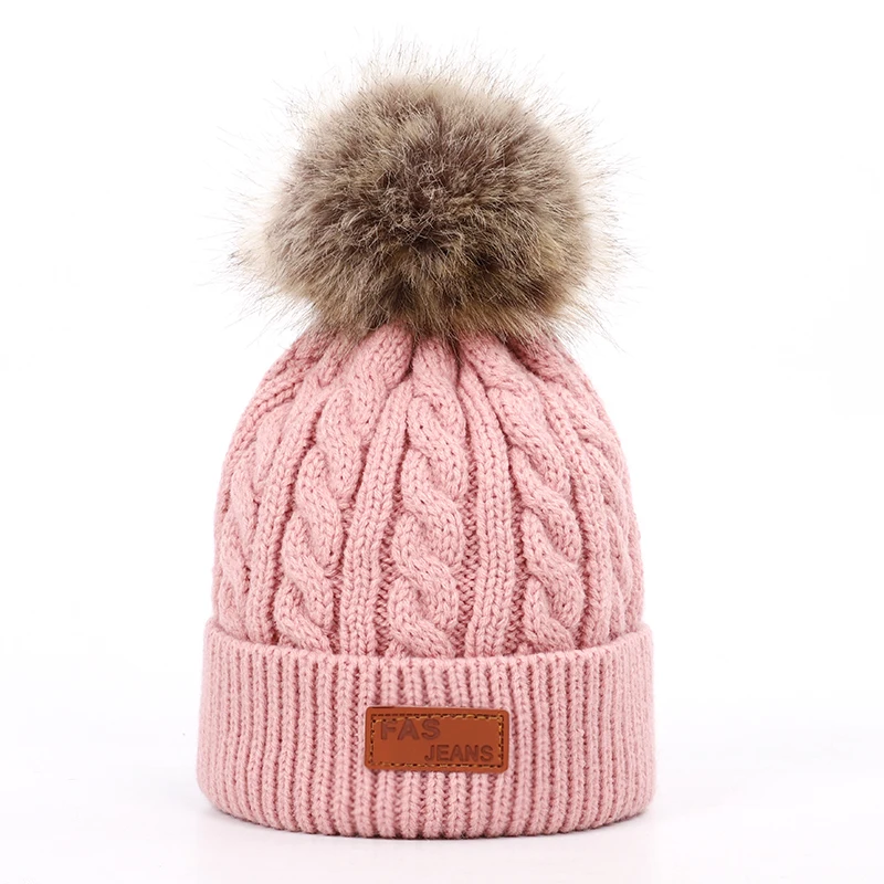 Dark pink-2 Детская шапка, вязаная Милая шапка для девочек, BoysBig Pom pom Beanie, детские шапки для девочек и мальчиков, теплая вязаная зимняя детская шапка из натурального енота F - Цвет: Dark pink-2