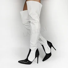 LAIGZEM Patchwork Women Thigh High Boots Crocodile Stiletto High Heels Shoes Woman Boots Zapatos Botines Mujer Size 45 46 47
