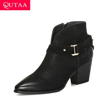 

QUTAA 2021 Pointed Toe Autumn Winter Ladies Pumps Cow Leather Zipper Quality Women Shoes Square High Heel Ankle Boots Size 34-42