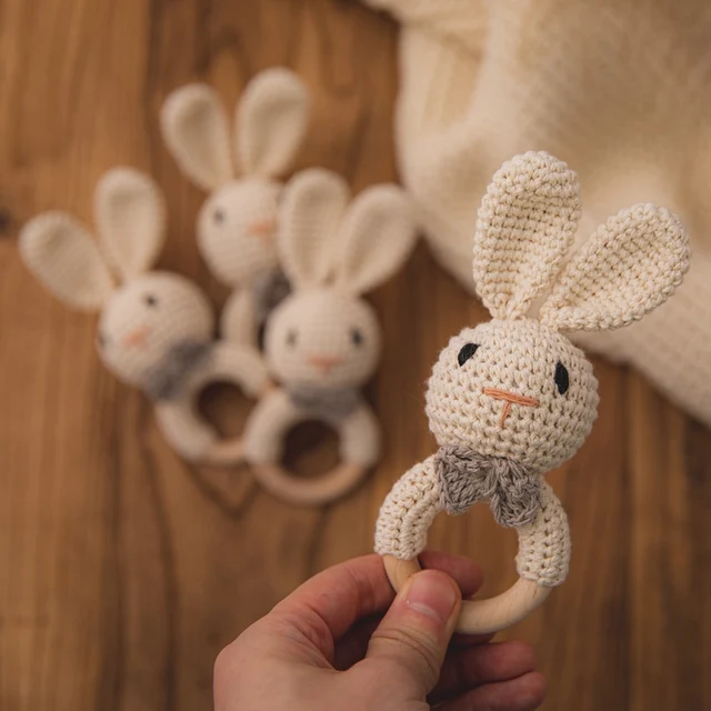 1Pc Baby Teether Crochet Rabbit Rattle Wooden Toys BPA Free Wood Rodent Rattle Baby Mobile Gym Newborn Stroller Educational Toys 3