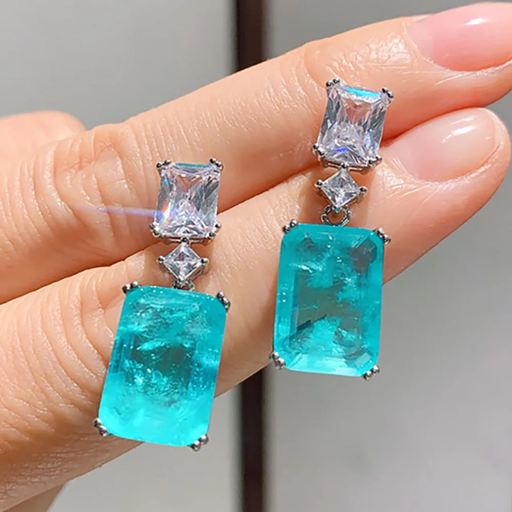 Vintage 10*14Mm Paraiba Tourmaline Lab Orecchini Pendenti Con Diamanti Per Le Donne Cocktail Party Wedding Ear Fine Jewelry Accessori Regalo